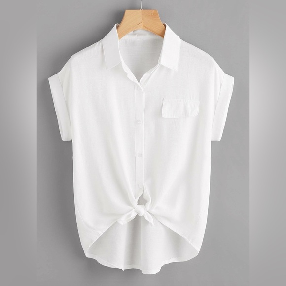 White Knotted Self-Tie Button-Front Shirt - Picture 1 of 5